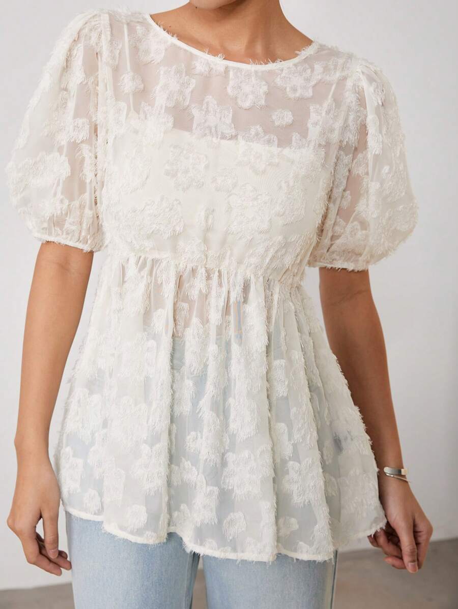 EastFlair Women's Lantern Sleeve Round Neck Casual Loose Top, For Spring/Summer Everyday Wear/Vacation\White - Apricot - View 1