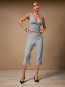 Hauture 夏季女士，女装，女式低腰灰色侧开衩七分裤，女式裤子，办公室女性，日常装，老款 - 灰色 - 查看 2