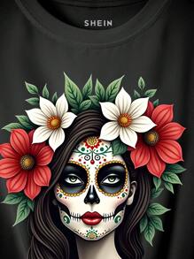 INAWLY Camiseta de mujer de ajuste regular con estampado de calavera de azúcar mexicana y floral - Negro - Ver 3