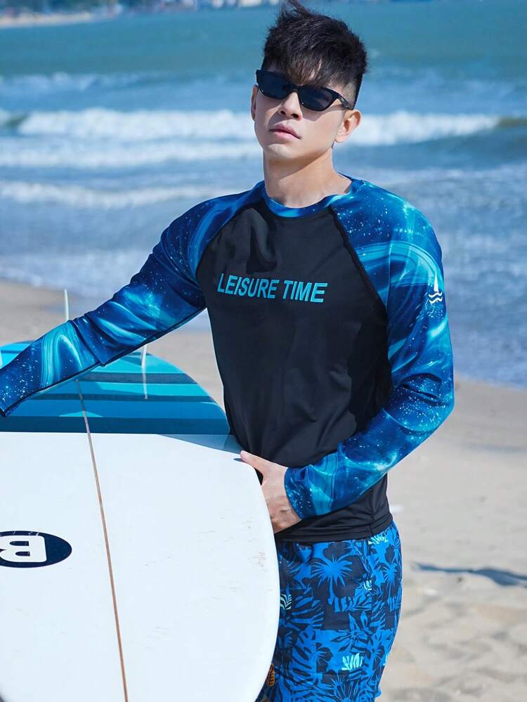 Men's Letter Print Patchwork Contrast Color Vacation Beach Surfing T-Shirt, Spring/Summer,Hawaiian