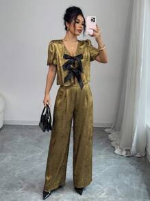 SHEIN Unity Women's Fashionable Everyday Bowknot Puff Sleeve Top And High-Waisted Shiny Pants 2 Pieces Set - Gold - View 6