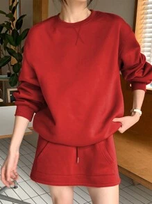 INAWLY Conjunto de 2 piezas para mujer: Top de cuello redondo de manga larga unicolor y falda