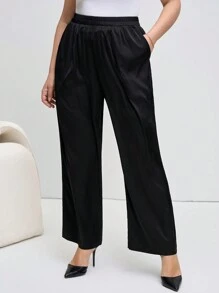 Chikora Plus Size Women's Solid Color Elastic Waist Pocket Simple Long Pants Old Money Festival