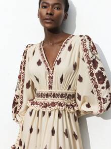 Maija Women V-Neck Long Sleeve Print Pleated Casual Dress Romantic, Fashion, Versatile; Suitable For Summer Vacation, Comfortable, Bohemian Style, Beach Wear, Swimsuit Cover-Up, Stylish, Elegant, Casual, , Simple Daily Wear, Country Style, Essential, Solid Color, Holiday Casual, Decent, Single Lady, Ideal For Vacation Elegant Fashion Business Casual Woman Going Out Tops Graduation Outfit European Summer Hawaii Outfits Women Summer Dresses For Women Streetwear Women Stockholm Style Teacher Outfits For Women