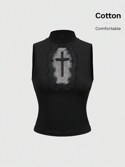 Dark Gothic Crew Neck Semi-Sheer Cross Applique & Lace Trim Bodycon Tank Top