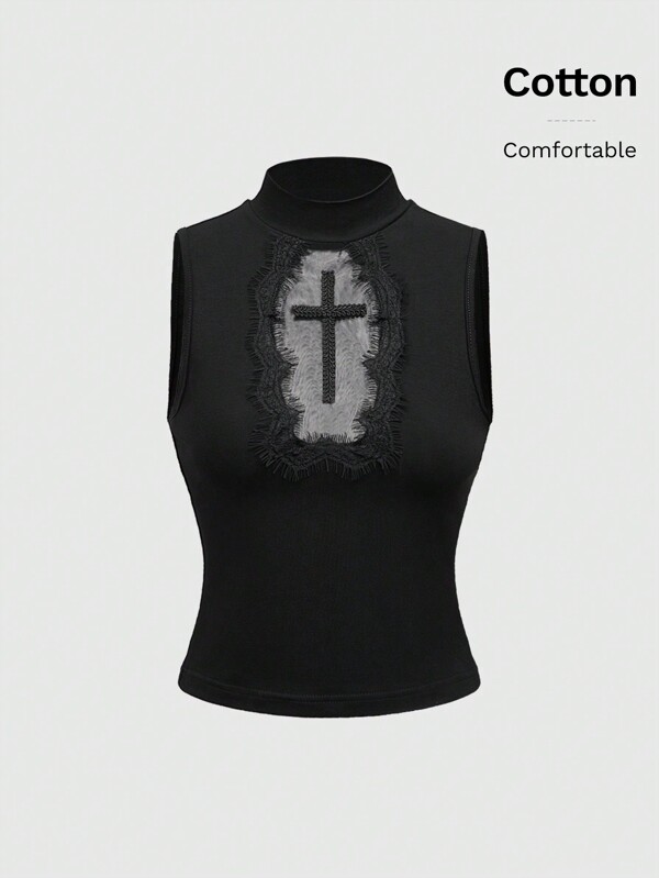 ROMWE Goth Dark Gothic Crew Neck Semi-Sheer Cross Applique & Lace Trim Bodycon Tank Top