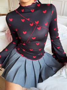 SHEIN Essnce Women's Valentine's Day Red Heart Print Stand Collar Long Sleeve Bell Sleeves Heart Print Slim Fit Casual T-Shirt,For Summer/Spring 2025 New - Black - View 5
