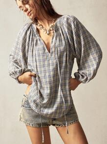 Bohemela 女式编织格子缺口 V 领灯笼 3/4 袖宽松衬衫