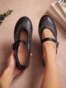 SHUZIA Women Comfortable Almond Toe Ballet Flat Mary Jane Studs Detail Black - Black - View 3