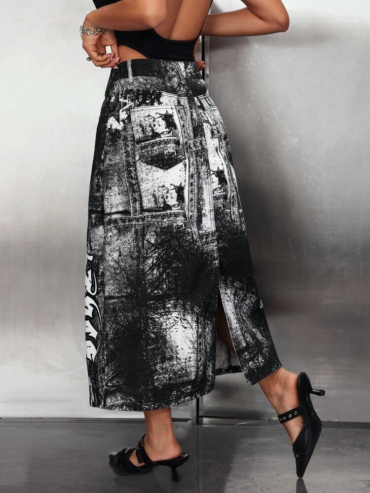 SHEIN ICON تنورة جينز ماكسي طول كاجوال للنساء مطبوع عليها حروف جيوب - رمادي - مشاهدة 2