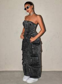 SHEIN ICON Women's Casual Washed Denim Jumpsuit - Dark Grey - View 1