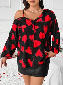Celure Damen Große Größen Bluse mit Herzprint, Langarm, Schulterausschnitt, Modisch, Valentinstag