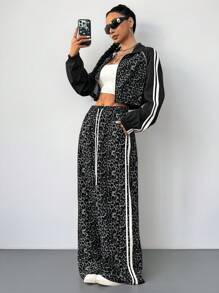 Coolane Conjunto de dos piezas de mujer con chaqueta estilo atlético de mezcla de estampado de leopardo y pantalón ancho de chándal para salir