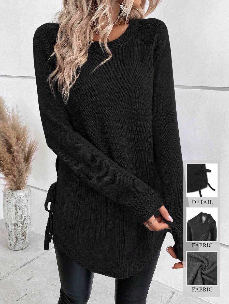 EMERY ROSE Raglan Sleeve Knot Side Jumper - Black - View 1