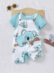 SHEIN Playful Pals 印有考拉图案的男女通用婴儿连体衣，适合新生儿在夏季穿着，考拉设计让宝宝看起来更可爱 - 彩色 - 查看 8