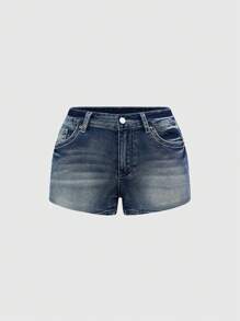 ROMWE Grunge Punk Plus Summer Y2K Rhinestone Wing Embroidered Low-Waist Shorts - Blue - View 3