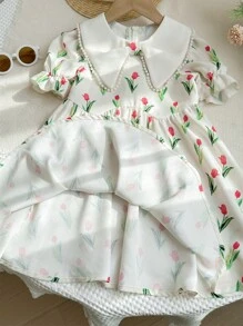 LMoss Kids Vestido ajustado con cuello de volantes, mangas abullonadas y parches florales tejidos para niña joven de LMoss - Multicolor - Ver 3