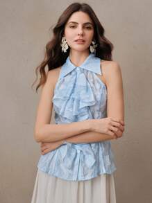 Anewsta Sheer Floral Burnout Ruffle Tank Top, Sleeveless Shirt For Valentine's Day, Summer Beach Vacation, New Year - Blue - View 3