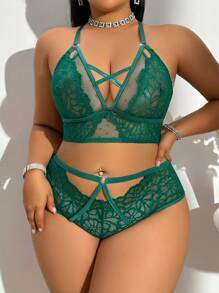 Plus Size Lace Patchwork Sexy Sheer Romantic Lingerie Set