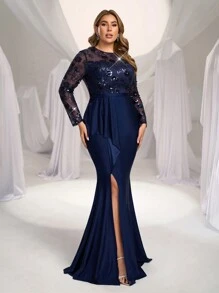 Glamrae Vestido elegante y romántico de manga larga con cuello redondo, cintura acampanada y borde de volantes tipo cola de sirena, con aplicaciones de cuentas y tela de malla transparente, en talla grande, color azul marino, adecuado para fiestas formales, eventos, ceremonias, celebraciones, cenas de gala, vestido de invitada de boda, vestido de fiesta, vestido de noche