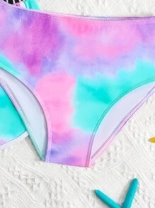 3pcs/Set Tween Girl Lovely Love Pattern Tie Dye Swimwear Set (Random Print) Summer Holiday - Multicolor - View 5