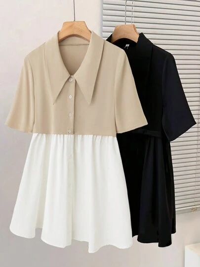 SHEIN LUNE 新品春夏韩版宽松撞色拼布雪纺衬衫，娃娃领中长上衣