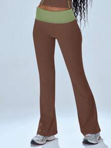 MUSERA Fold Over Contrast Waist Flare Trousers Casual Thanksgiving Summer - Brown - View 3