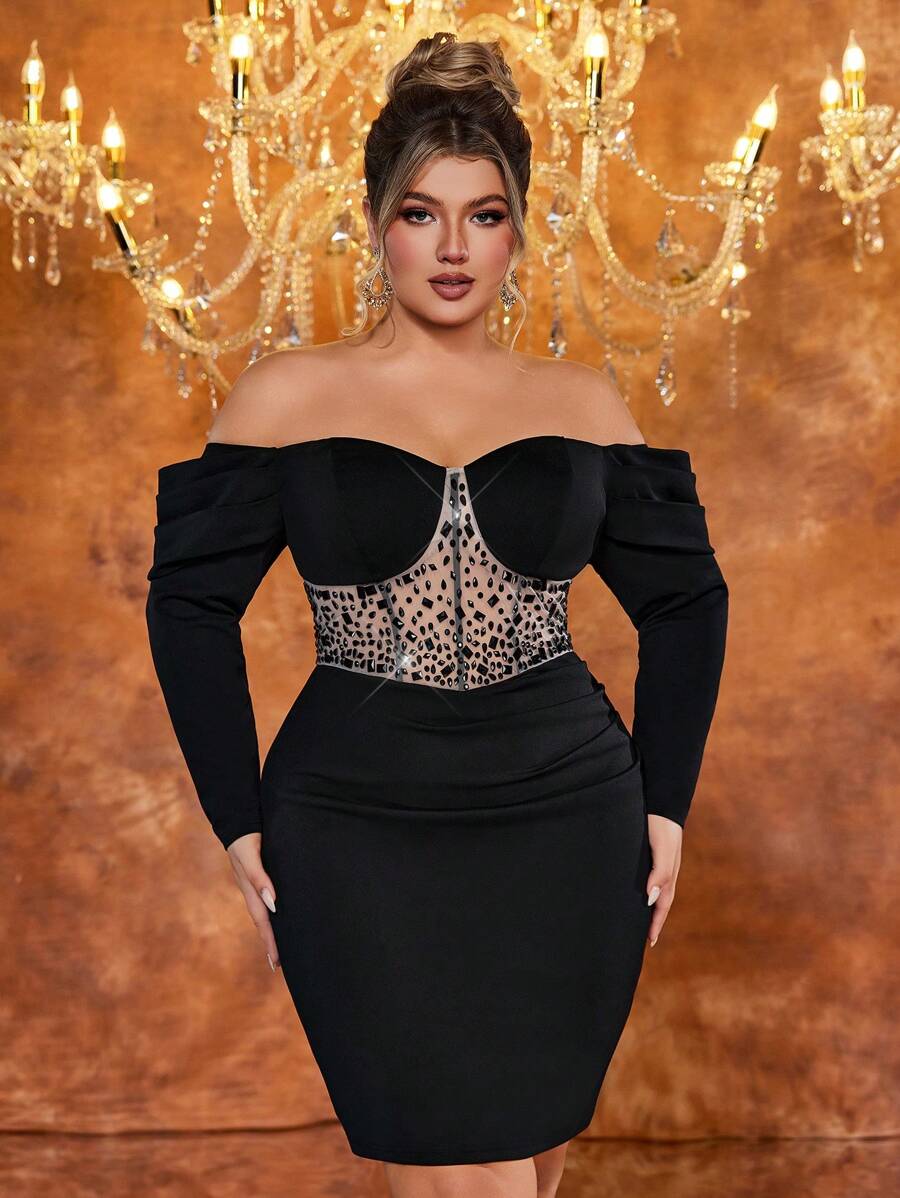 SHEIN Belle 大码女式优雅迷人经典黑色露肩长袖腰网眼水钻装饰紧身连衣裙适合派对宴会鸡尾酒礼服、婚礼宾客礼服 - 黑色 - 查看 1