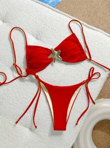 Women's Red Spaghetti Strap Top & Star Print Tie Side Bottoms Bikini Set, Casual Resort Summer Swimwear - Red - View 1