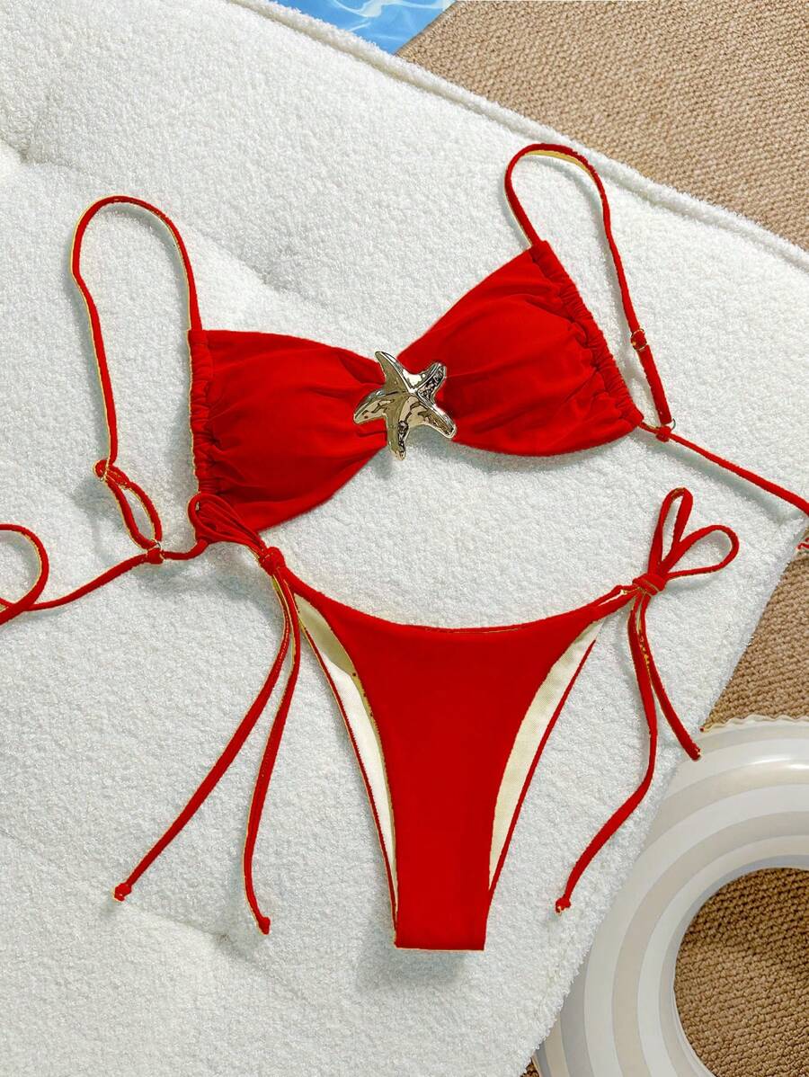 Women's Red Spaghetti Strap Top & Star Print Tie Side Bottoms Bikini Set, Casual Resort Summer Swimwear - Red - View 1