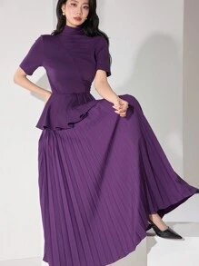 Heiryn 女士优雅纯色立领百褶下摆连衣裙 - 紫色 - 查看 1