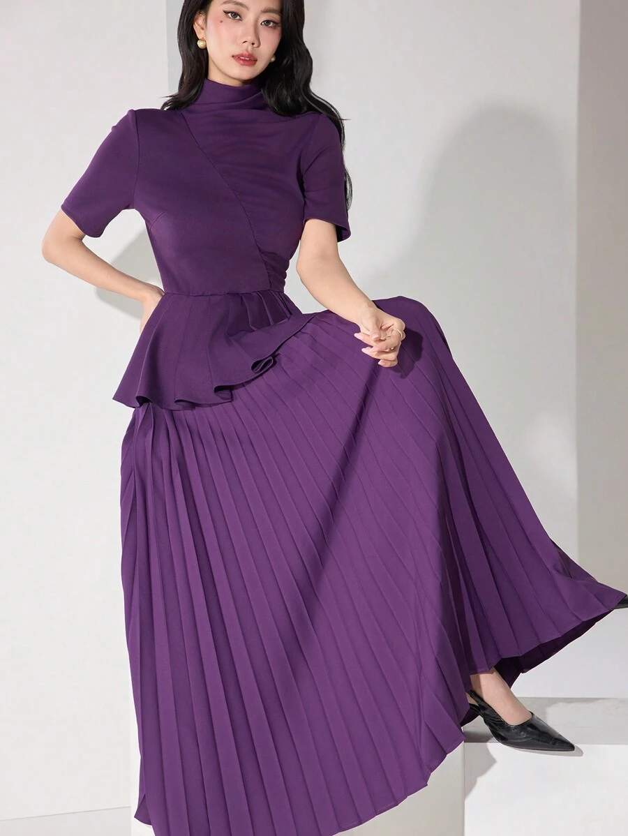 Heiryn 女士优雅纯色立领百褶下摆连衣裙 - 紫色 - 查看 1