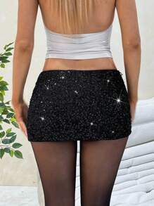 SHEIN EZwear Summer Women's Solid Color Sequin Going Out Embellished Bodycon Y3k Party Mini Skirt