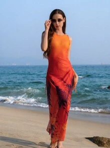 SHEIN Swim Damska narzutka z nadrukiem liści ombre maxi z rozcięciem z boku i sznurkiem, regulowana na plażę i wakacje