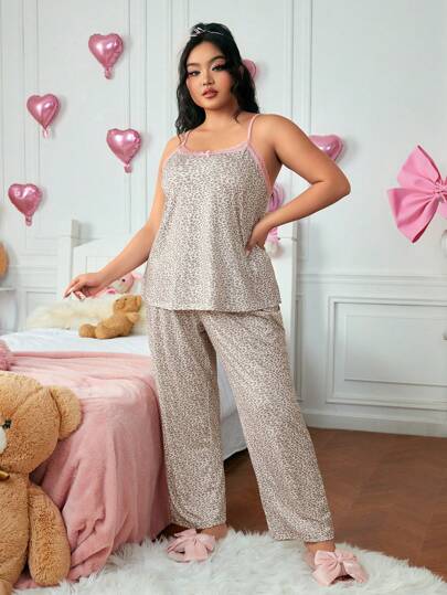 J-Fashion Ensemble de pyjama grande taille avec camisa à imprimé léopard Y2K en dentelle et patchwork