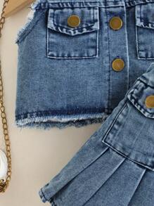 SHEIN Thời trang bé gái thanh lịch và sành điệu phong cách đường phố: Áo khoác denim xanh nhạt phối cùng chân váy cùng màu, thích hợp cho mùa hè. - Màu xanh lam - Xem 4