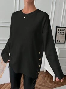 EURMUSE Women's Solid Color Long Sleeve Simple Side Button Round Neck Casual Pullover - Black - View 7