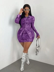 Plus Size Denim Effect Sexy Wrinkle Knit 2 Pieces Women Purple Clothes Set - Purple - View 7