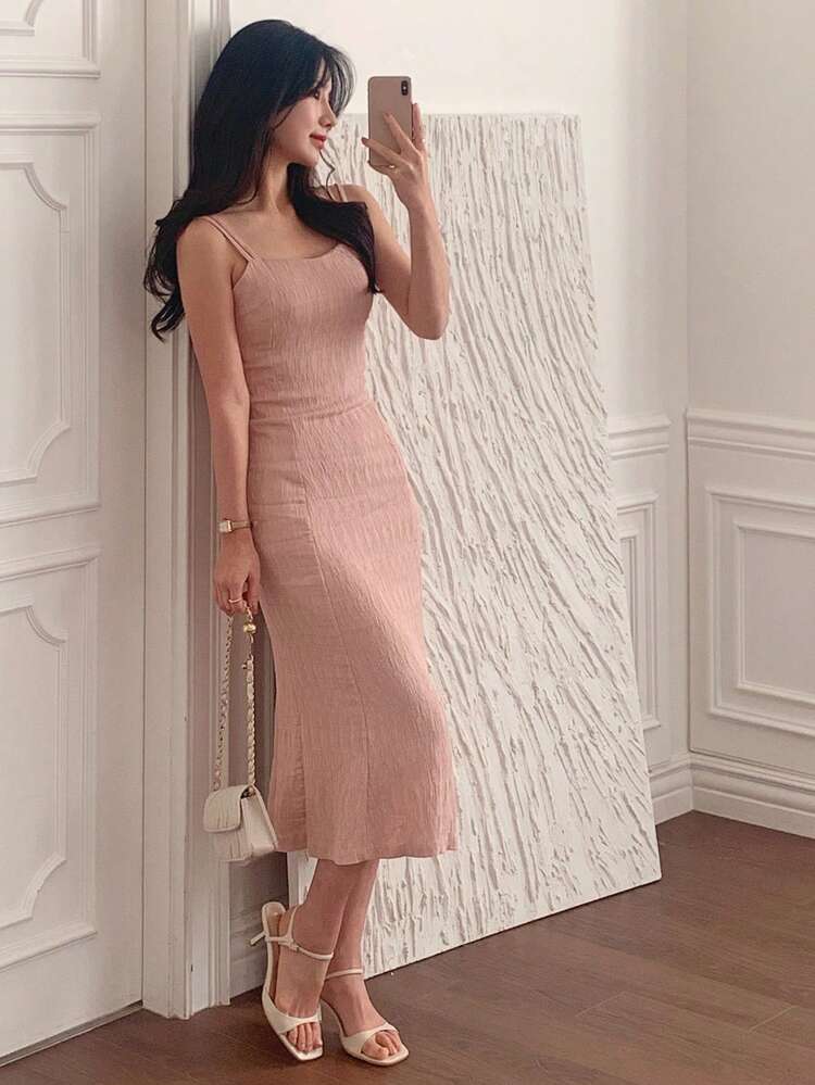 Women Spaghetti Strap Bodycon Fishtail Midi Dress Elegant