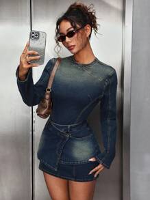 SHEIN ICON Women's Stand Collar Long Sleeve Fitted Short Denim Dress
