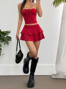 Flirla 2 pezzi set da donna: top corto a fascia e gonna arricciata