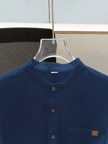 SHEIN 1pc Teen Boy Casual School Style Comfortable Textured Standing Collar Patch Pocket All-Match Versatile Shirt