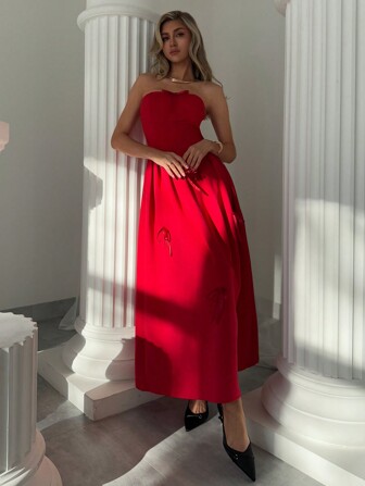 Aloruh 女士纯色抹胸蝴蝶结细节长裙