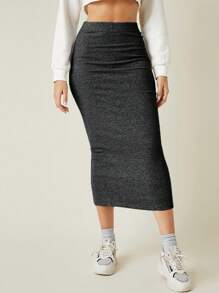 SHEIN BASICS Women Simple Solid Color Slim Fit Skirt, Casual Daily Wear - Dark Grey - View 6