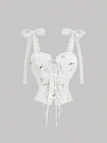 SHEIN MOD Top débardeur de style princesse avec nœud papillon central, en dentelle et style romantique pastoral. Débardeur de vacances pour femmes, à porter pour un anniversaire, la Saint-Valentin ou à la plage