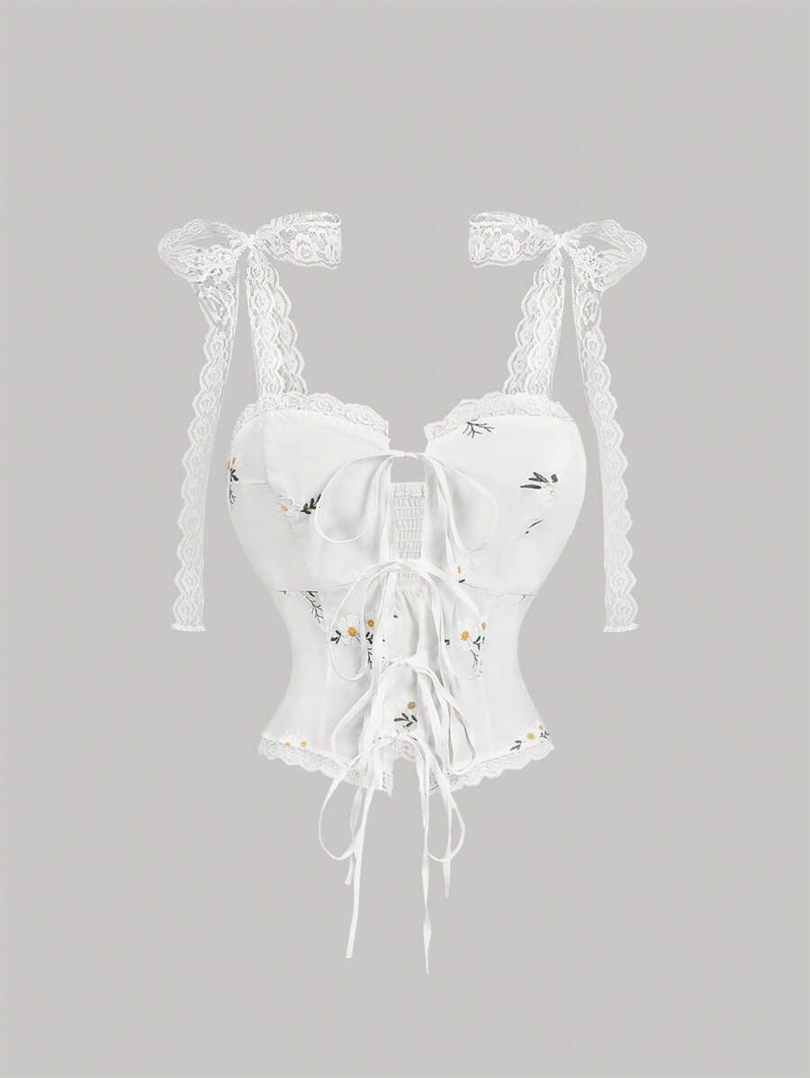 SHEIN MOD Top débardeur de style princesse avec nœud papillon central, en dentelle et style romantique pastoral. Débardeur de vacances pour femmes, à porter pour un anniversaire, la Saint-Valentin ou à la plage