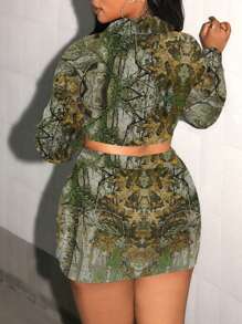 女士两件套 - 树叶迷彩印花长袖上衣和裙子 - 彩色 - 查看 2