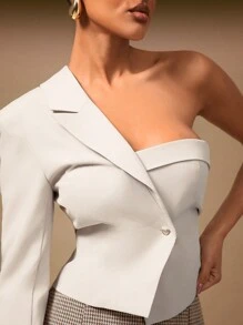 Hauture Summer Women Outfit, Women Clothes, Beige Asymmetrical Single Lapel Bustier Long Sleeve Blazer Crop Jacket, Women Tops, Long Sleeve Top, One Shoulder Top, Women Blazer, White Top, Office Women Outfits. For Date Night, Concerts, Performances, Parties, Clubs, Music Festivals, Old Money
