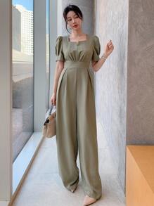 DAZY Solid Color Square Neckline Puff Sleeve Women's Jumpsuit Easter Jumpsuit - Green - View 3
