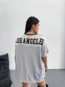 POPSWAY Camiseta casual de mujer de talla grande con estampado de letras y números, cuello en V, para el verano